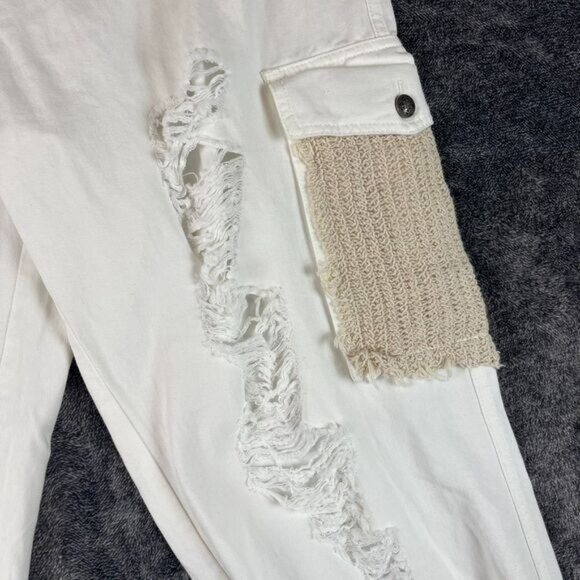 POL Crochet Pocket Baggy White Joggers Pants Drawstring Women's L Boho Cargo - Picture 4 of 13